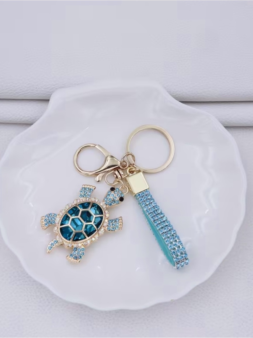 Gold-Tone Blue Crystal Turtle Keychain with Blue Strap